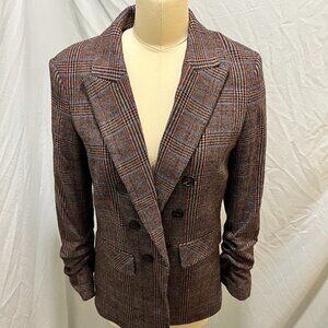 Veronica Beard Theron Jacket Brown Plaid Ruched Sleeve Hook Front Wool Size 4